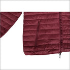 Maroon quilted packable down hooded coat for women in extended sizes perfect for snow country