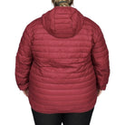 Burgundy hooded puffer jacket shown in Women’s Plus Extended Size Packable Down Coat