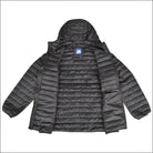 Open black hooded puffer jacket displayed in Women’s Plus Extended Size Packable Down Coat