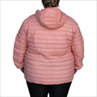 Pink hooded puffer jacket for women in extended sizes, packable down snow outerwear
