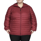 Burgundy quilted hooded jacket shown in women’s plus size packable down coat outerwear