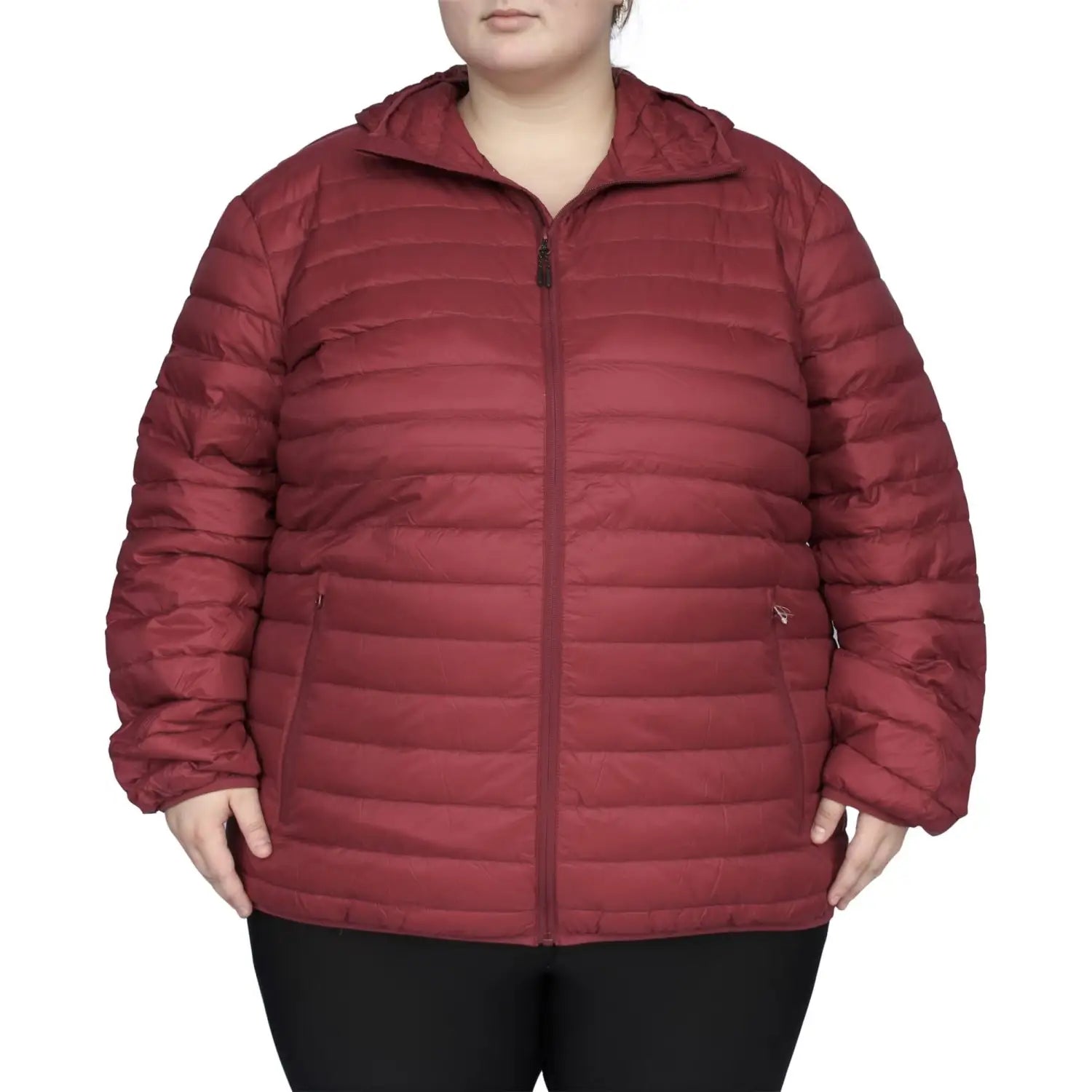 Burgundy quilted hooded jacket shown in women’s plus size packable down coat outerwear