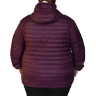 Women’s maroon hooded puffer jacket shown in packable down coat snow country outerwear