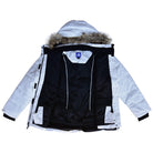 Open white winter coat with fur-lined hood from Snow Country Outerwear womens ski jacket