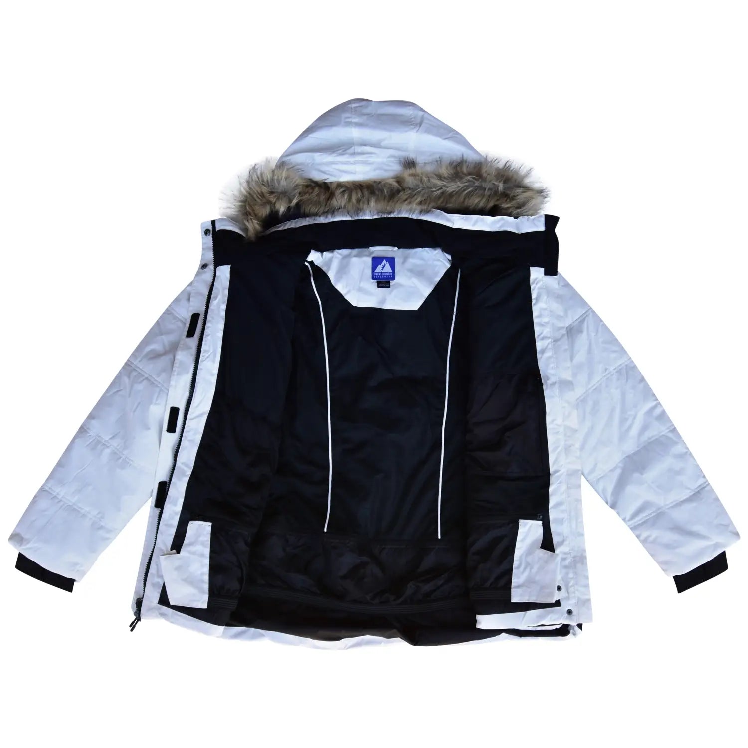 Open white winter coat with fur-lined hood from Snow Country Outerwear womens ski jacket