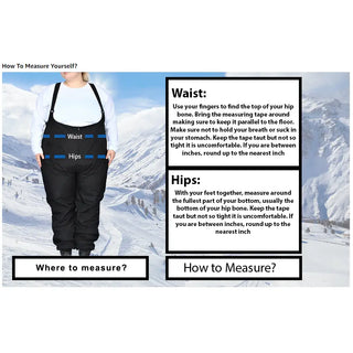 Measurement guide for waist and hips on Snow Country Outerwear Women’s Plus Size Ski Bibs