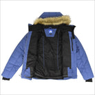 Open blue winter jacket with fur-lined hood from Snow Country Outerwear Plus Size Vail Ski Coat