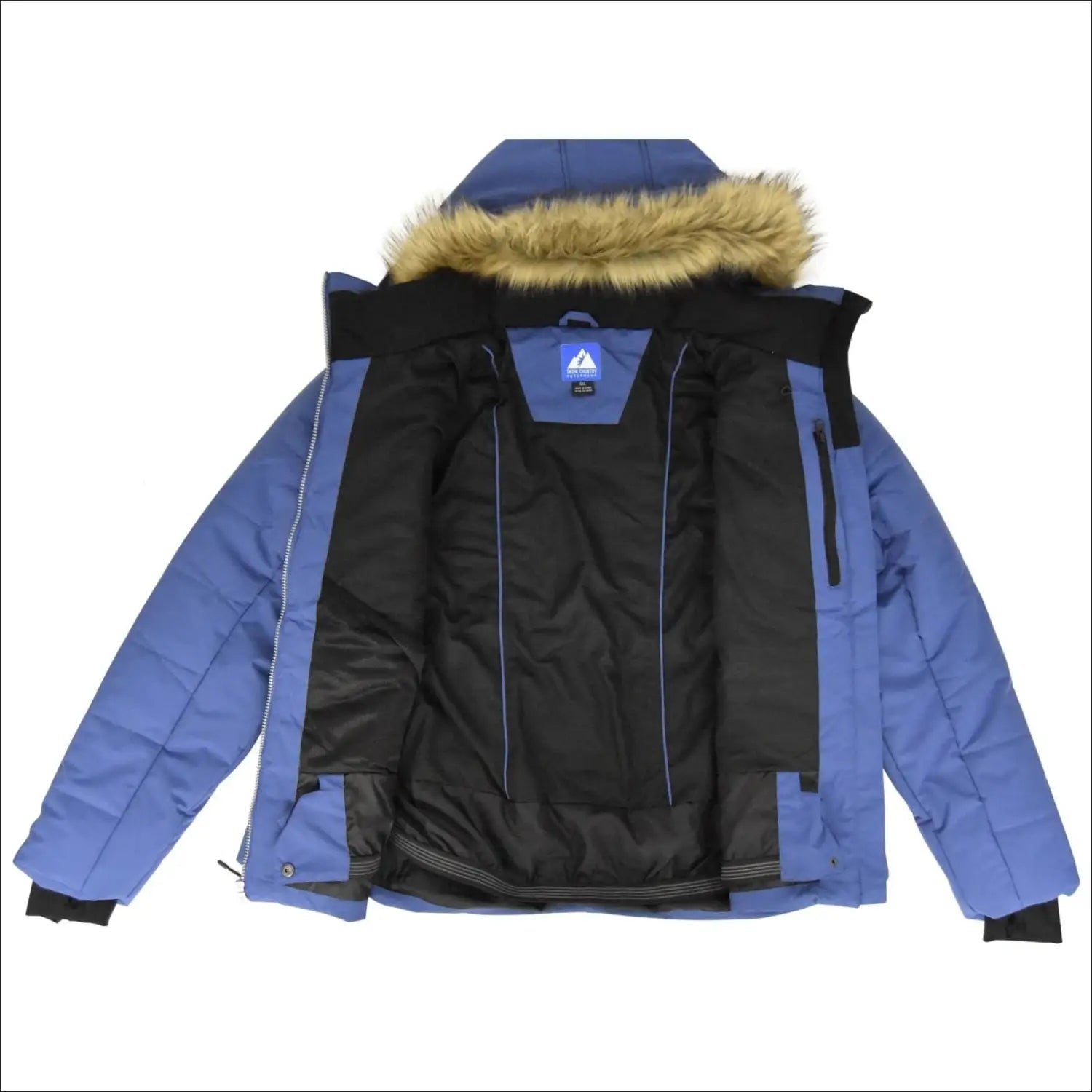 Open blue winter jacket with fur-lined hood from Snow Country Outerwear Plus Size Vail Ski Coat