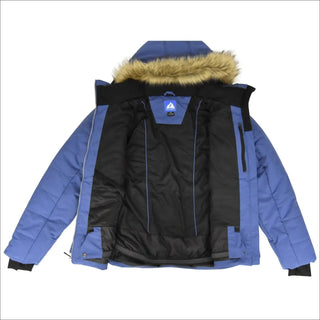 Open blue winter jacket with fur-lined hood from Snow Country Outerwear Plus Size Vail Ski Coat
