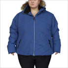 Blue puffer jacket with fur-trimmed hood from Snow Country Outerwear Womens Plus Size Vail Ski Coat