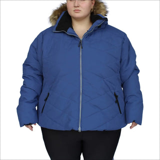 Blue puffer jacket with fur-trimmed hood from Snow Country Outerwear Womens Plus Size Vail Ski Coat