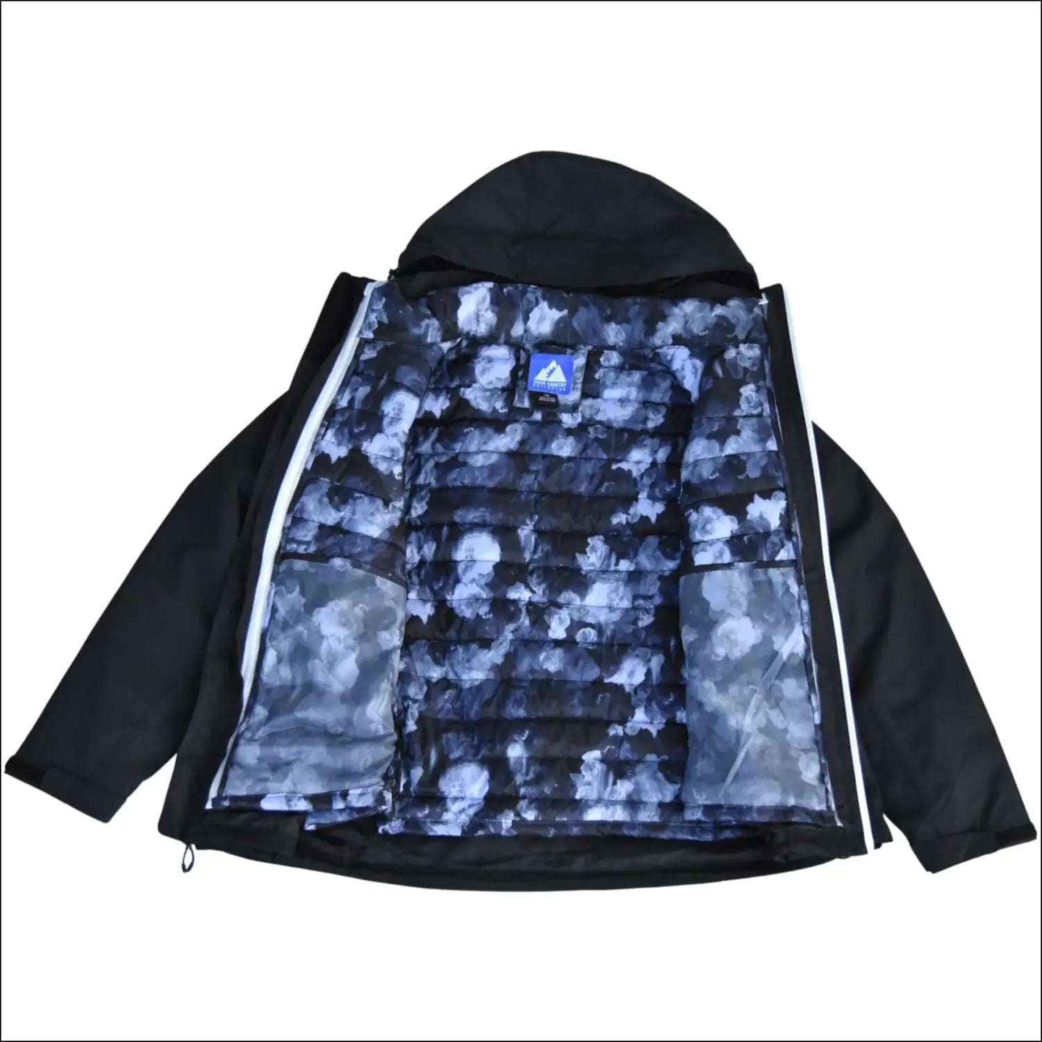 Open black hooded jacket with floral lining from Women’s Plus Size 1X-6X Winter Coat
