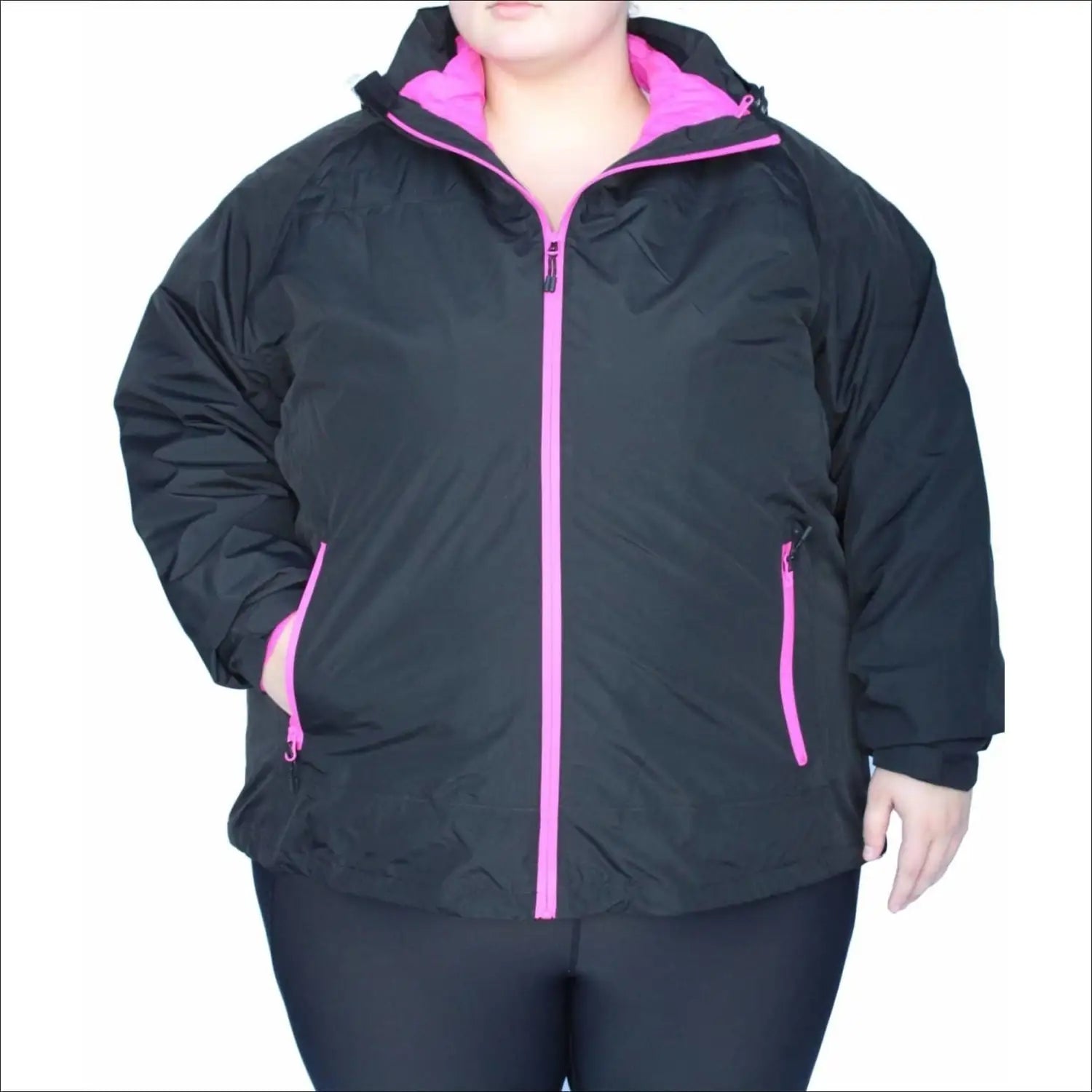 Black hooded jacket with pink trim from Womens Plus Size 1X-6X Winter Down Alternative Coat