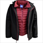 Open black and red hooded winter down alternative 3-in-1 coat for women in plus sizes