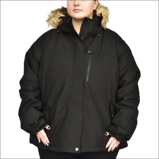 Black winter parka with fur-trimmed hood from Snow Country Outerwear Women’s Plus Size Fortress Ski Coat