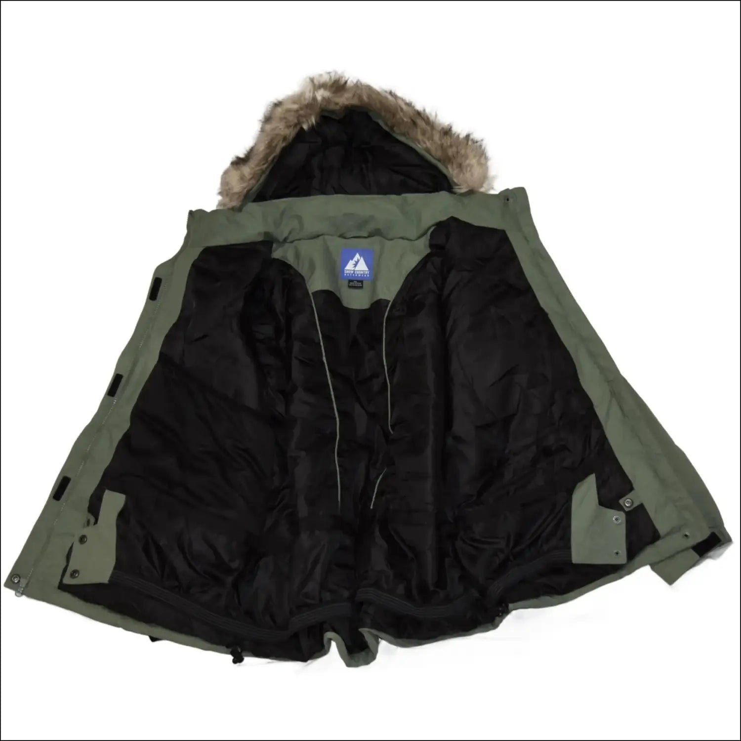 Open sage-green parka with fur-trimmed hood from Snow Country Outerwear Women’s Plus Size Fortress Winter Snow Ski Coat Jacket