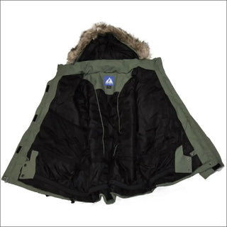 Open sage-green parka with fur-trimmed hood from Snow Country Outerwear Women’s Plus Size Fortress Winter Snow Ski Coat Jacket