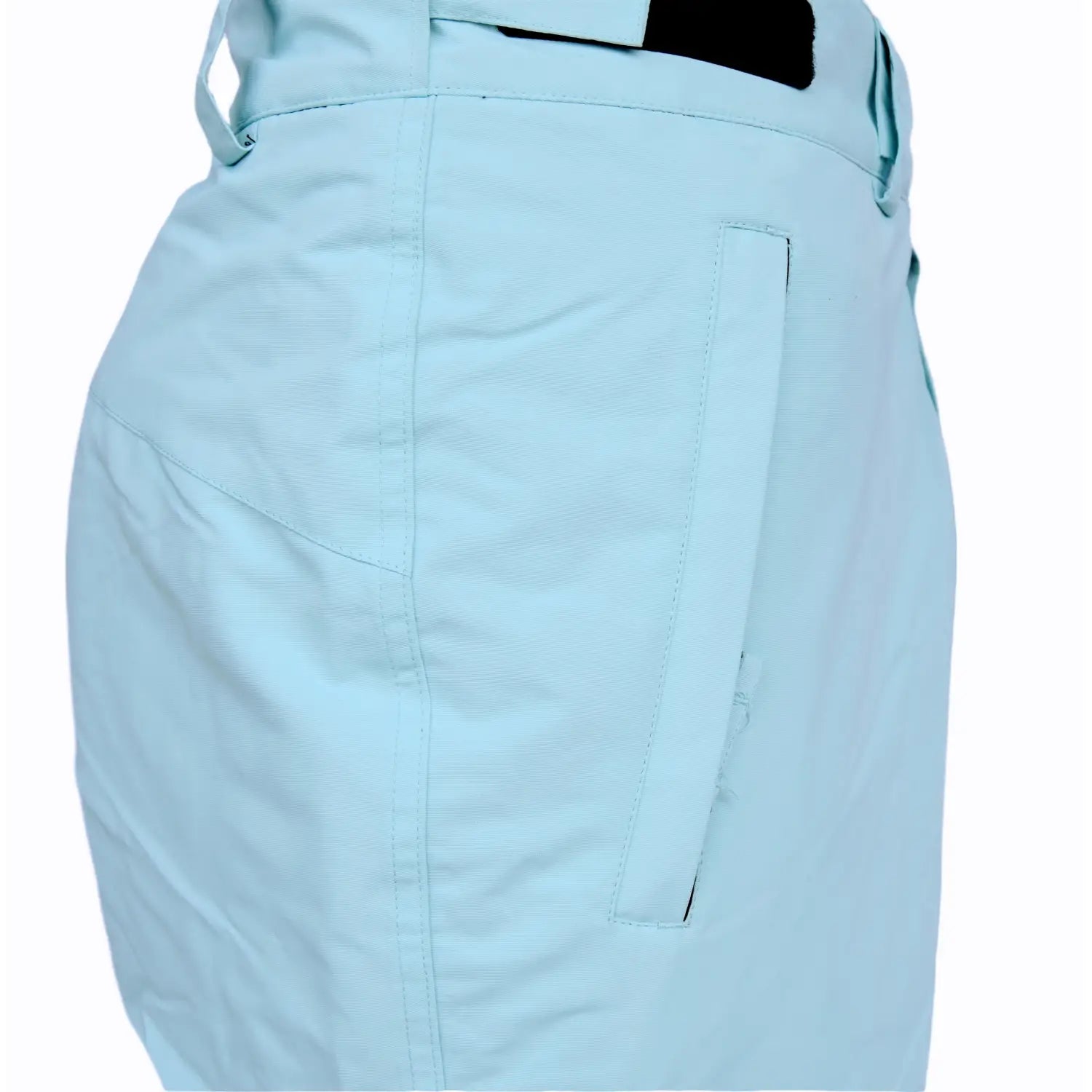 Light blue insulated ski pants for women in plus sizes with tall, regular, and short inseams