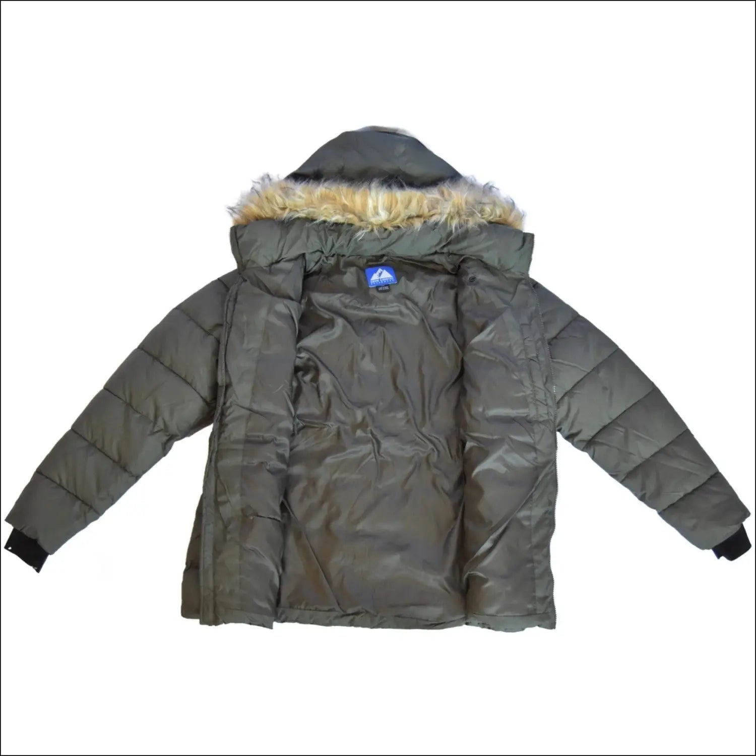 Open olive green puffer jacket with fur-trimmed hood from Snow Country Outerwear Women’s Plus Size Winter Ski CoatJacket 1X-6X Luna
