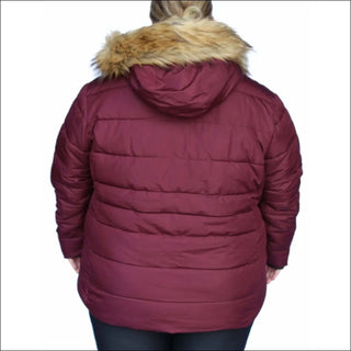 Maroon puffer coat with fur-trimmed hood from Snow Country Outerwear Luna Plus Size Ski Jacket