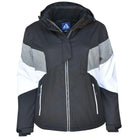 Black gray and white hooded insulated winter ski jacket for women in plus sizes