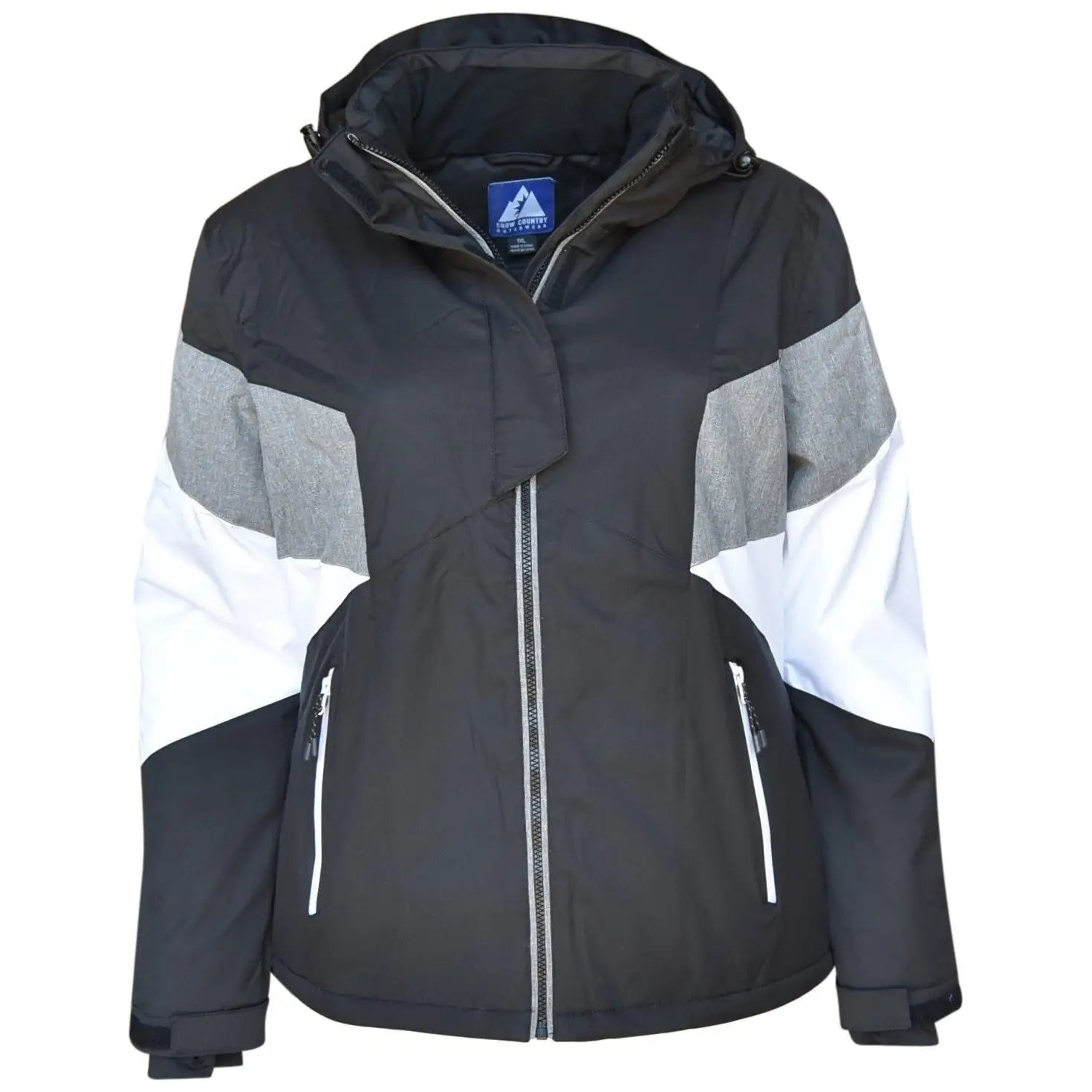 Black gray and white hooded insulated winter ski jacket for women in plus sizes