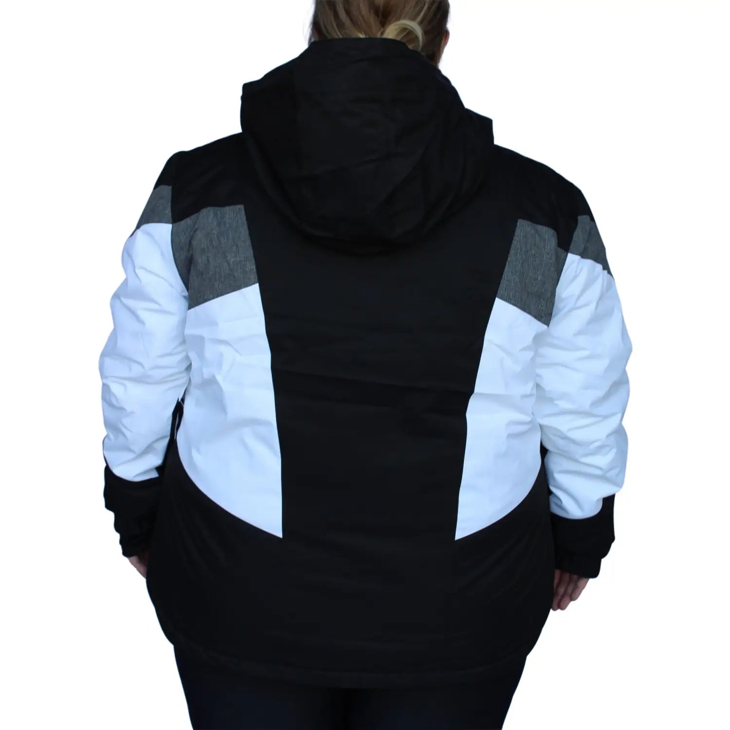 Black, white, and gray hooded insulated ski jacket from Snow Country Outerwear for women