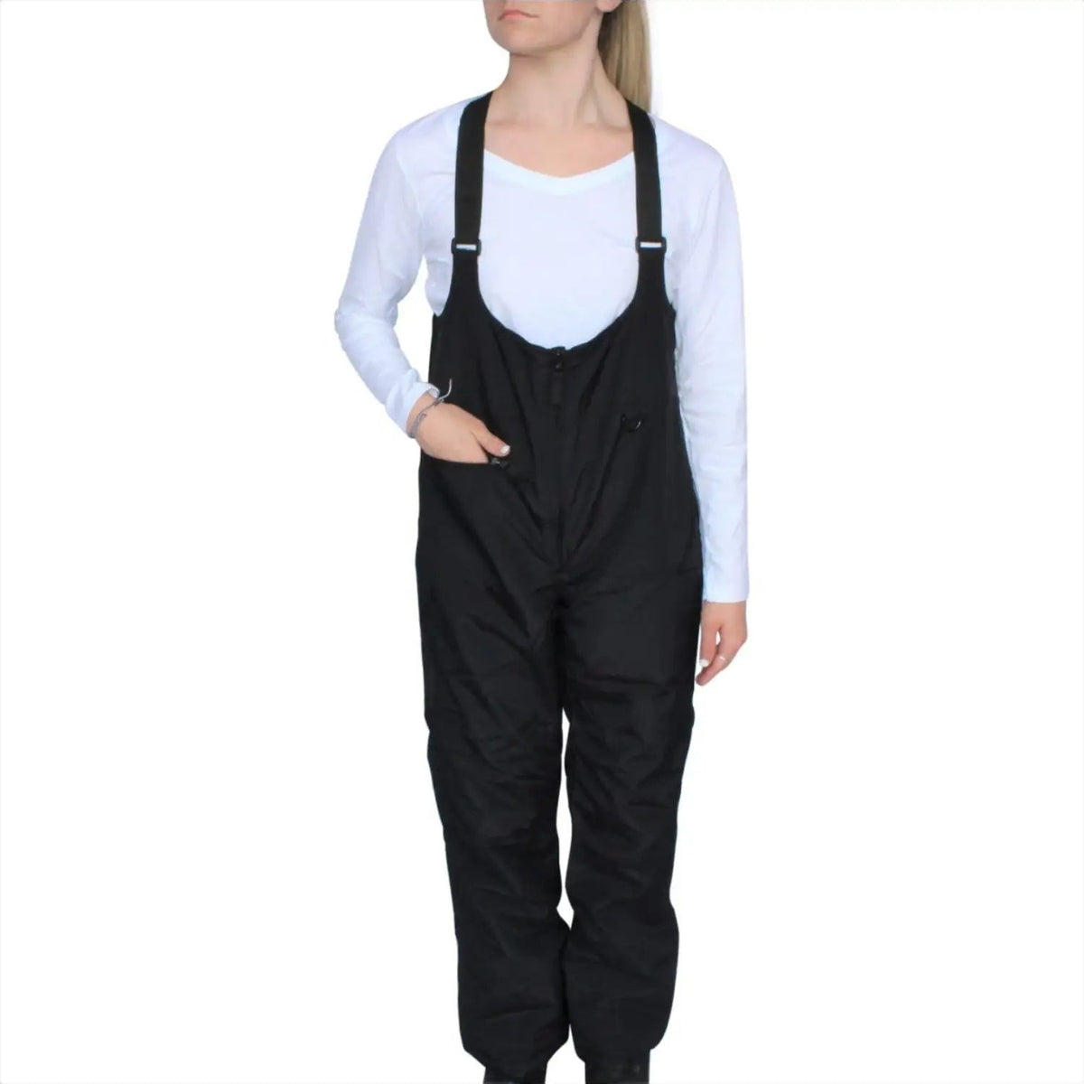 Black insulated bib overalls shown in Snow Country Outerwear Women’s ski bibs collection