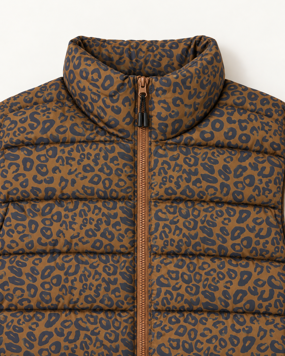 Leopard Tempo II women's plus size insulated vest, flat lay, collar and print detail