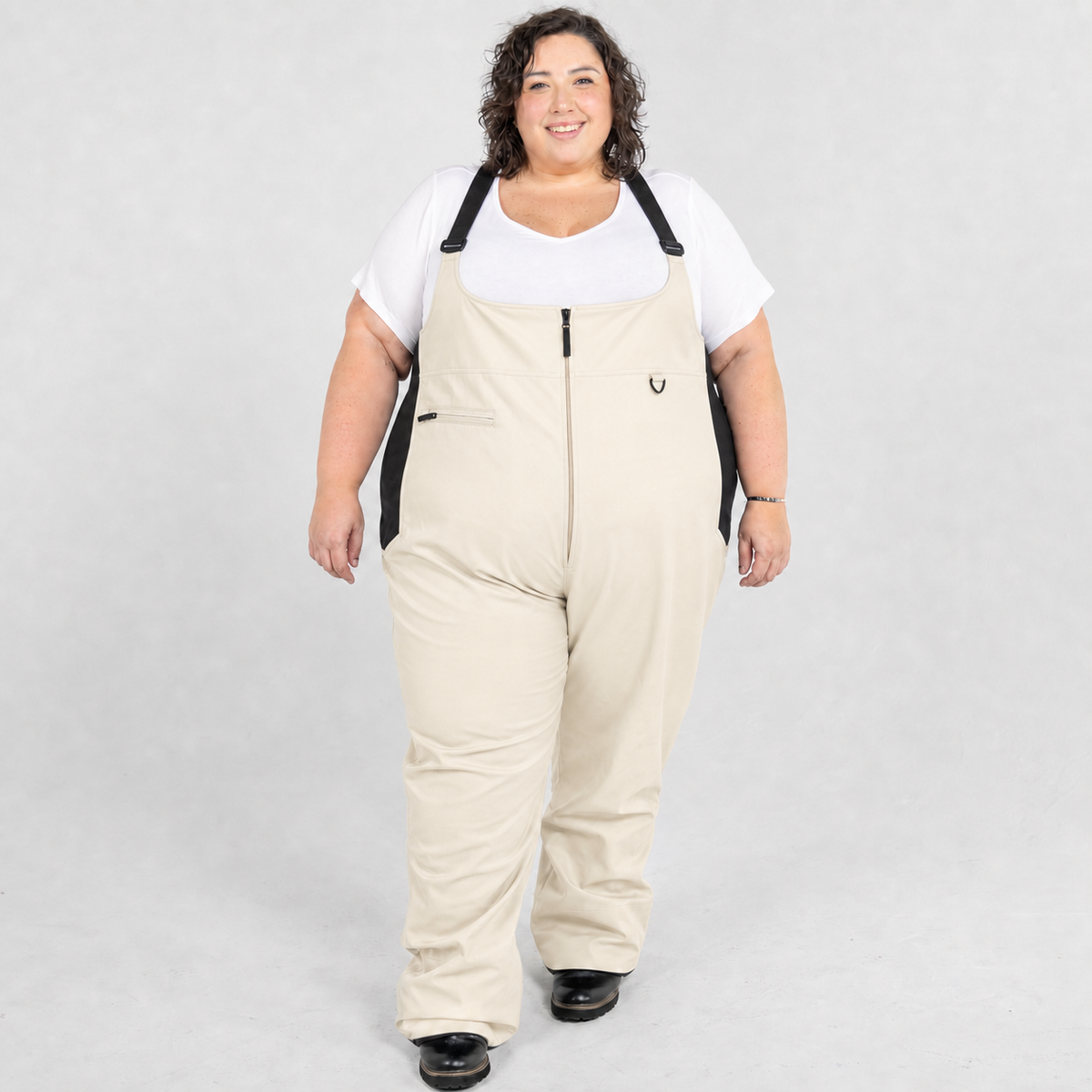 Vanilla plus size soft shell ski snow bibs, front view on model, sizes 1X to 6X