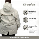 Beige plus-size waterproof rain jacket hooded parka with fit guide for Women’s Manchester coat
