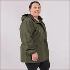 Side view of plus size rain jacket, the manchester, in olive color
