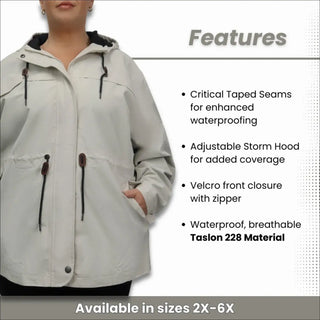 Women’s plus size waterproof rain jacket with adjustable hood and windbreaker style