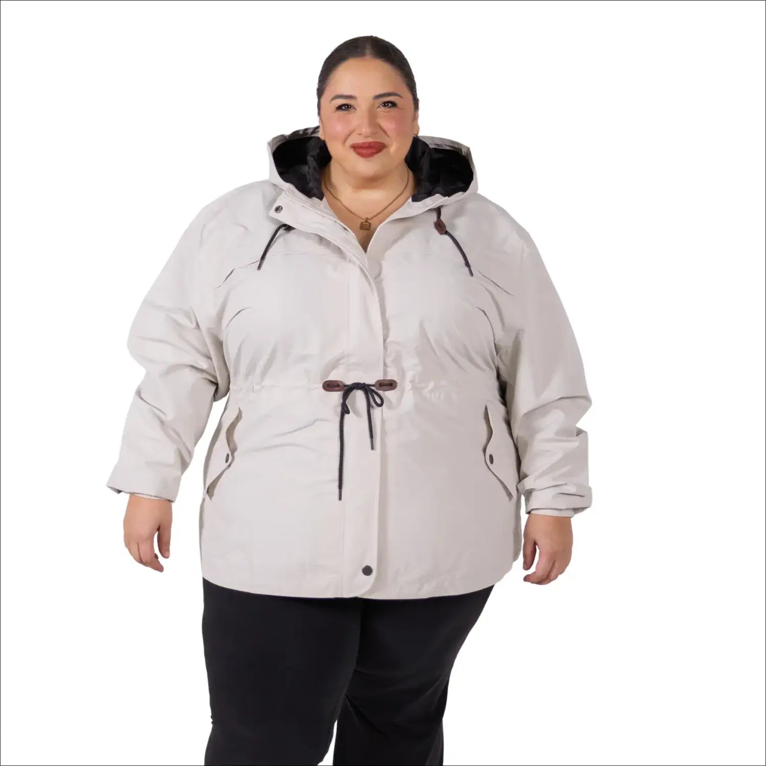 Front view of plus size rain jacket, the manchester, in beige color